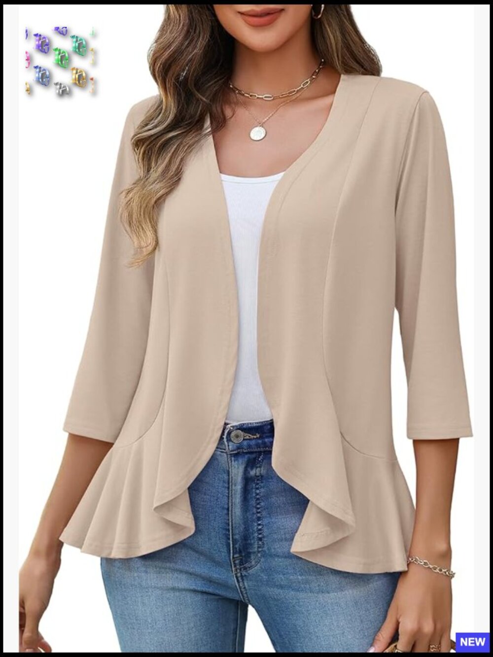 Lightweight Cardigan Open Front Draped Ruffles Kimono Coverup 3/4 Sleeve